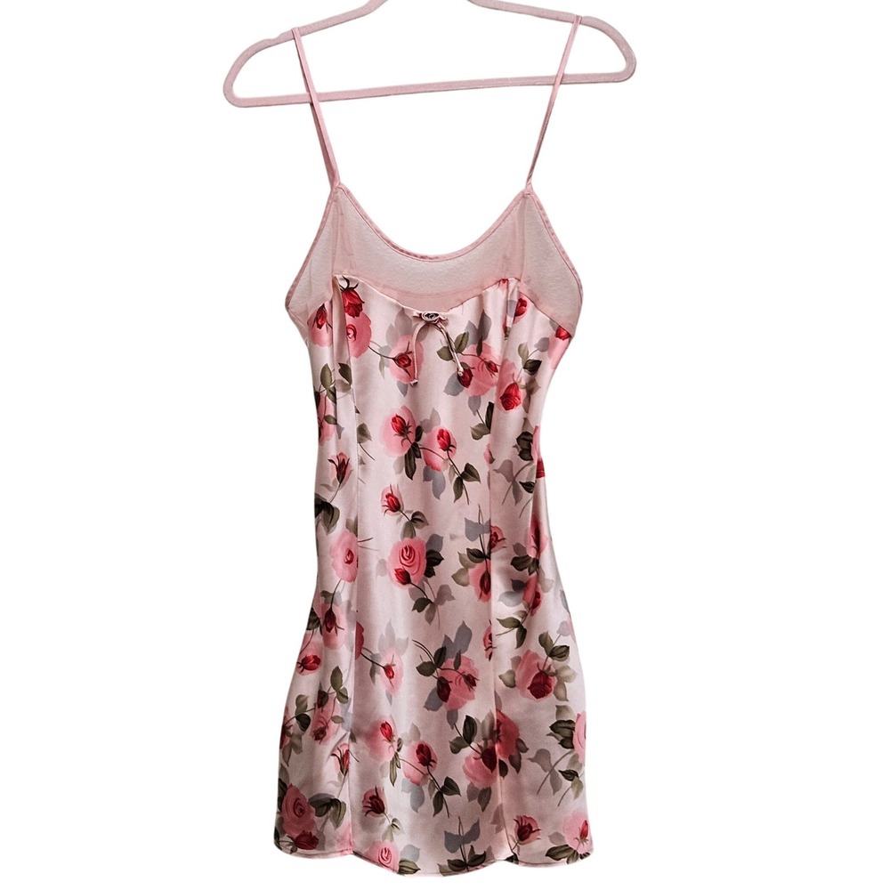 Jaclyn Smith Pink Rosette Floral Satin Slip Dress Nightgown‎ Mini Mesh Trim M
